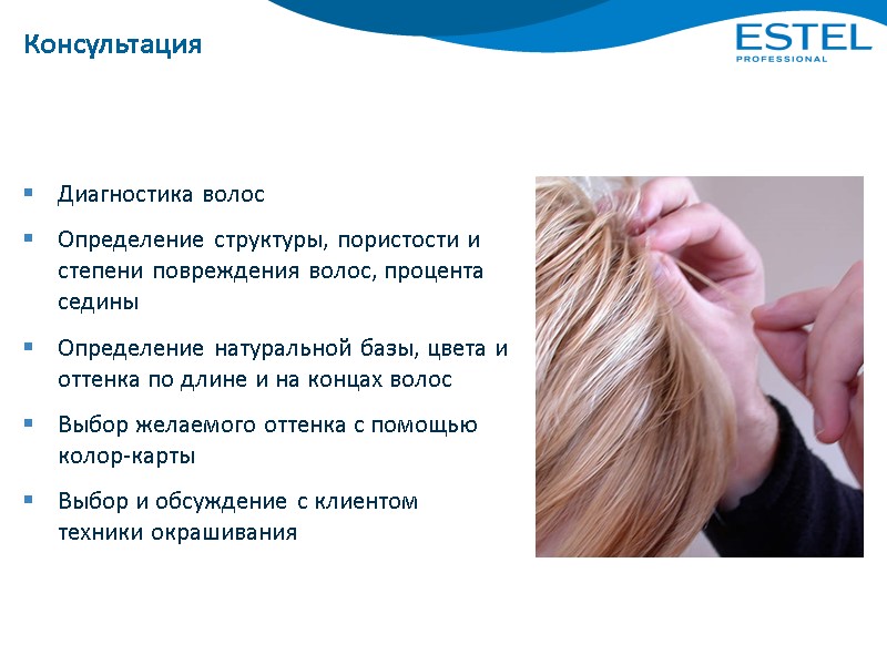 Консультация  Диагностика волос Определение структуры, пористости и степени повреждения волос, процента седины Определение